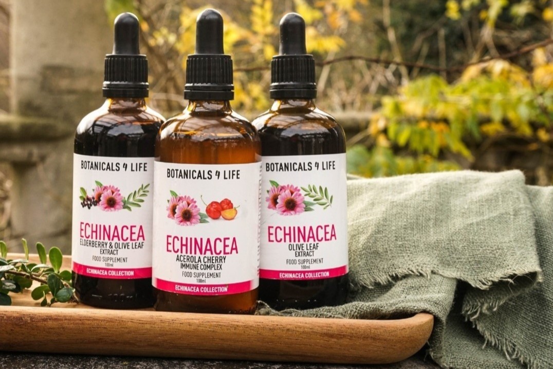 Bylinné kapky Echinacea značky Botanicals For Life v lahvičkách s kapátkem, přírodní extrakty pro podporu imunity